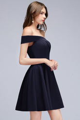 Simple Short Off the Shoulder Satin Dark Navy Bridesmaid Dress-27Dress